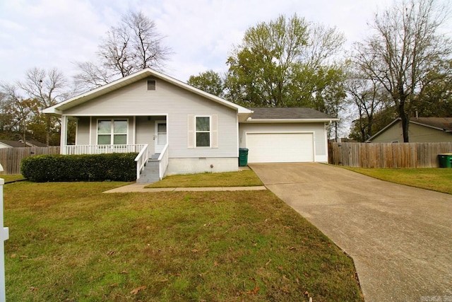 view of front of house featuring a porch, a garage, concrete driveway, crawl space, and a front lawn