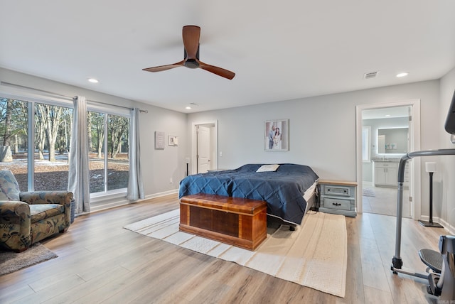 bedroom with baseboards, ceiling fan, light wood finished floors, and recessed lighting