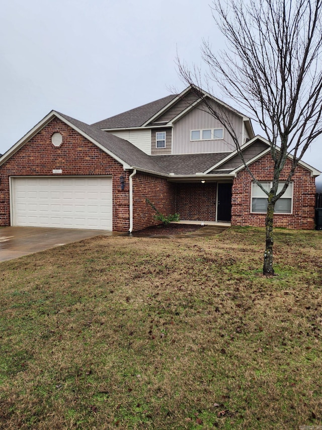 traditional-style house featuring a garage, brick siding, a shingled roof, concrete driveway, and a front yard