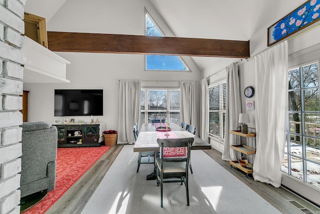 dining room with high vaulted ceiling, beam ceiling, wood finished floors, and visible vents