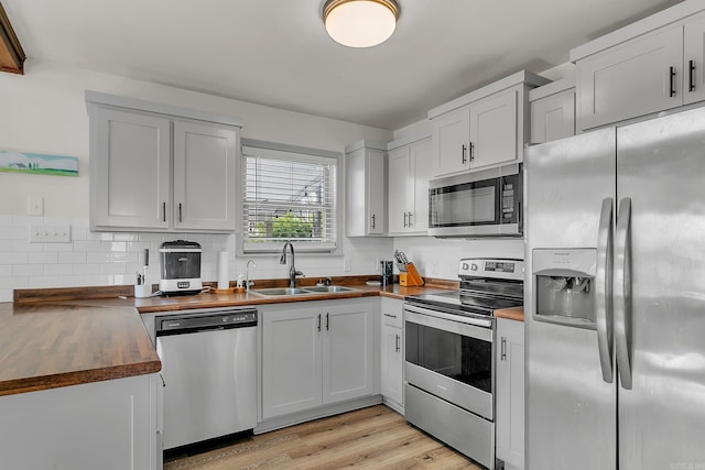 kitchen with stainless steel appliances, butcher block countertops, a sink, white cabinetry, and backsplash