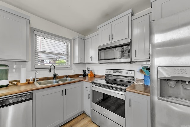 kitchen with stainless steel appliances, a sink, wood counters, white cabinetry, and tasteful backsplash