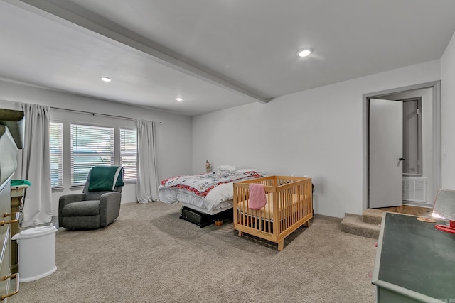 bedroom with carpet floors, visible vents, beam ceiling, and recessed lighting