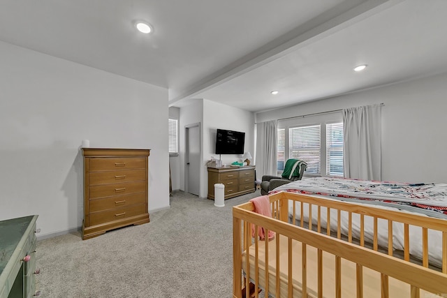 bedroom with baseboards, beamed ceiling, recessed lighting, and light colored carpet