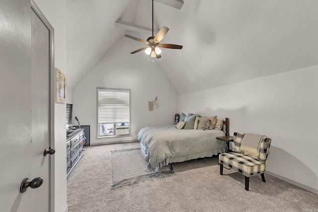 bedroom with lofted ceiling, light carpet, and ceiling fan