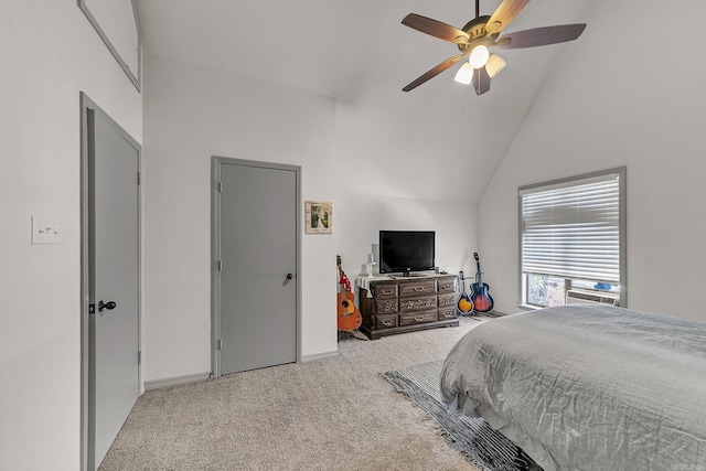 bedroom with a ceiling fan, cooling unit, light colored carpet, and high vaulted ceiling