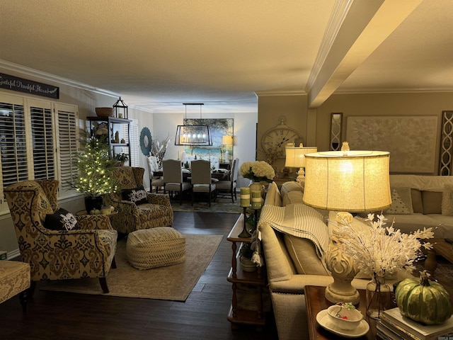 living area featuring crown molding and dark wood-style flooring