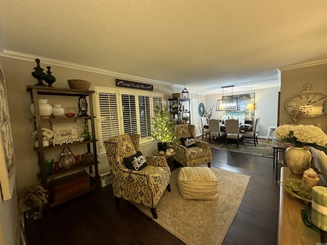 living room with a textured ceiling, dark wood-type flooring, and crown molding