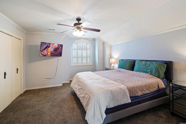 bedroom with baseboards, a ceiling fan, lofted ceiling, ornamental molding, and dark colored carpet