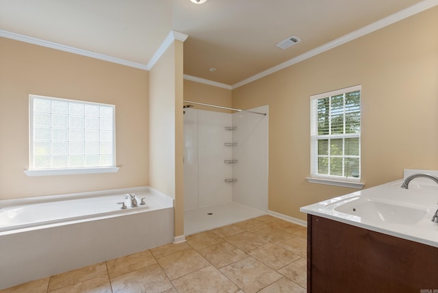 bathroom featuring double vanity, a stall shower, a bath, crown molding, and a sink