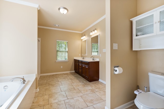 bathroom featuring double vanity, visible vents, toilet, a garden tub, and crown molding