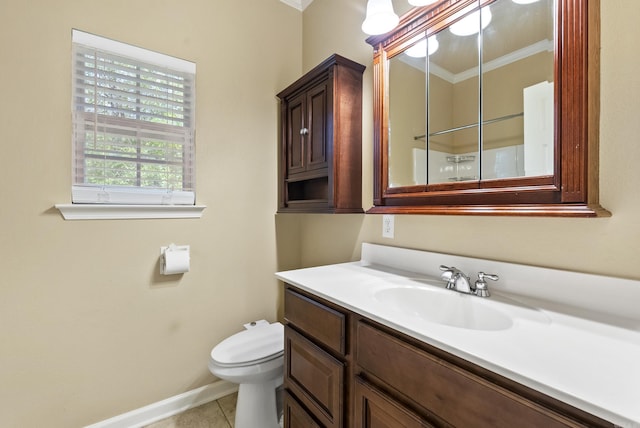 full bath with baseboards, toilet, ornamental molding, tile patterned flooring, and vanity