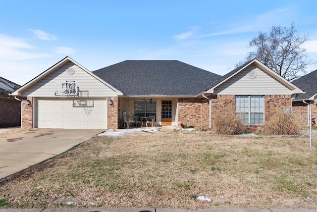 single story home with brick siding, a shingled roof, a front lawn, concrete driveway, and a garage