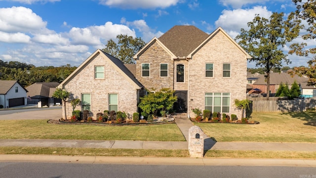 traditional-style home with brick siding, fence, and a front lawn