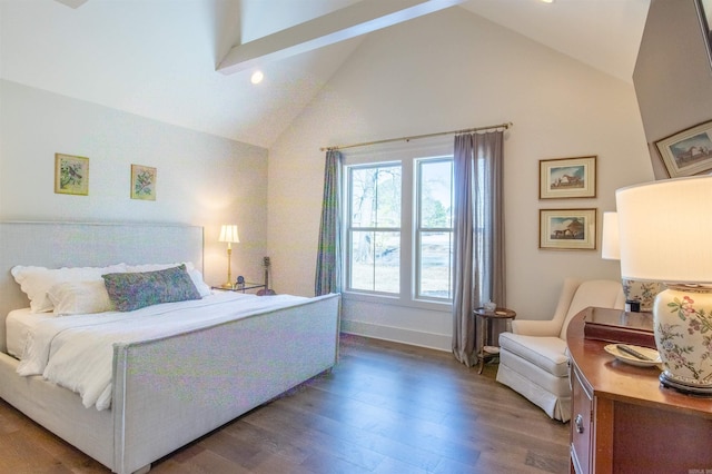 bedroom with dark wood-style floors, high vaulted ceiling, beamed ceiling, and baseboards