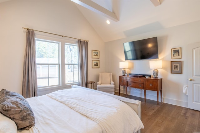 bedroom featuring high vaulted ceiling, recessed lighting, wood finished floors, and baseboards