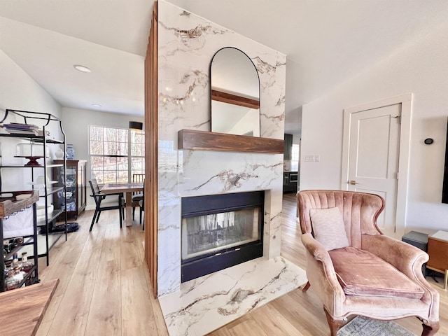 living room with light wood-style floors and a fireplace