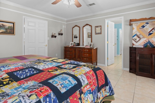 bedroom with a ceiling fan, visible vents, crown molding, and light tile patterned floors