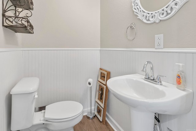 half bathroom featuring wood finished floors, wainscoting, a sink, and toilet