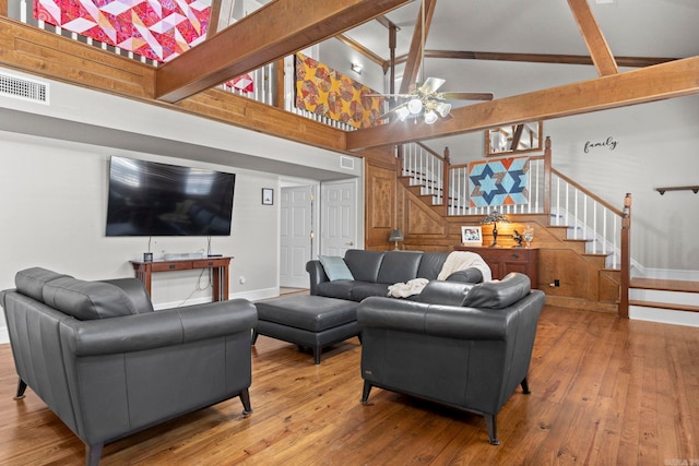 living area featuring visible vents, wood finished floors, high vaulted ceiling, beamed ceiling, and stairs