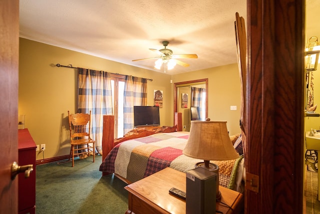 bedroom with dark carpet, a textured ceiling, baseboards, and ceiling fan