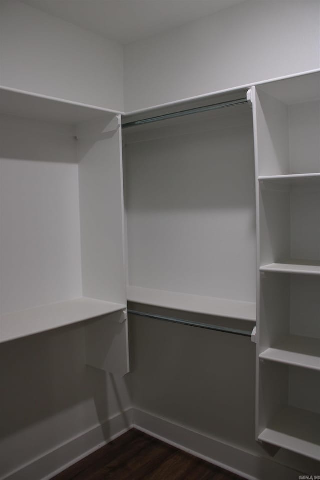 walk in closet with dark wood-type flooring