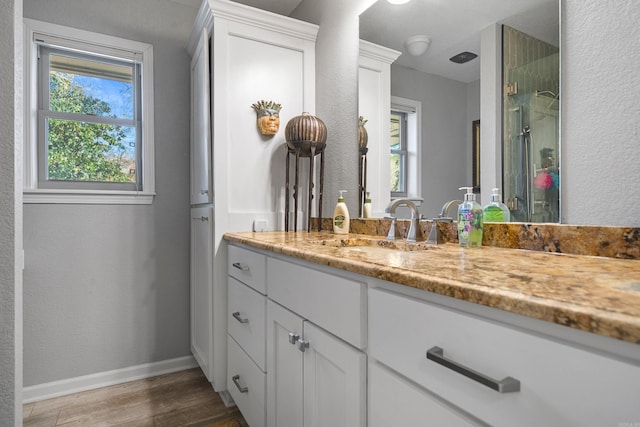 bathroom featuring plenty of natural light, vanity, baseboards, and wood finished floors