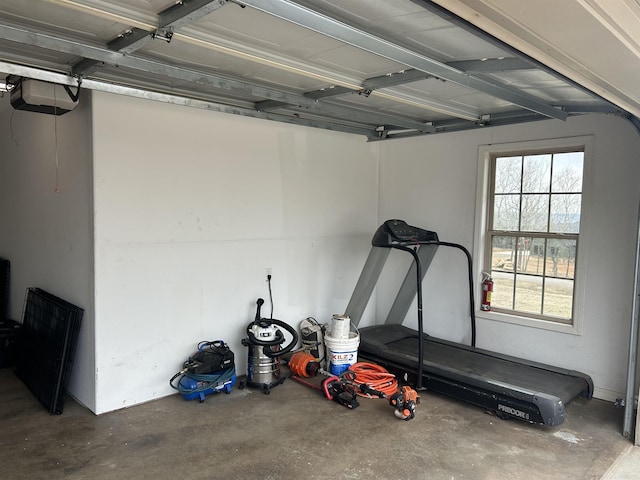 workout room featuring a garage