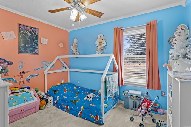 carpeted bedroom with crown molding, a textured ceiling, and ceiling fan