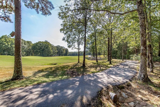 view of property's community with view of golf course and a yard