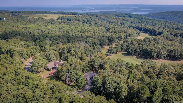 birds eye view of property featuring a forest view