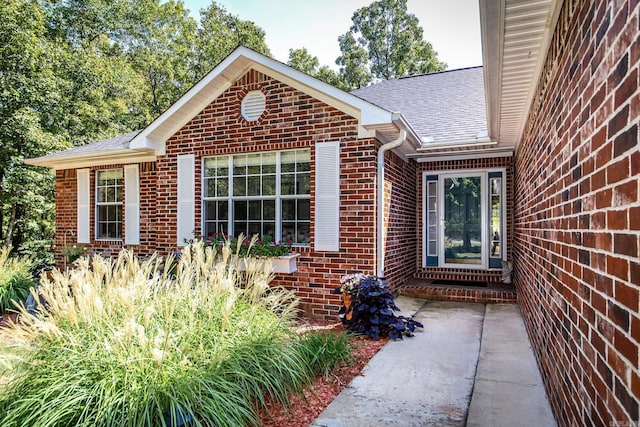 doorway to property featuring a shingled roof, a patio area, and brick siding