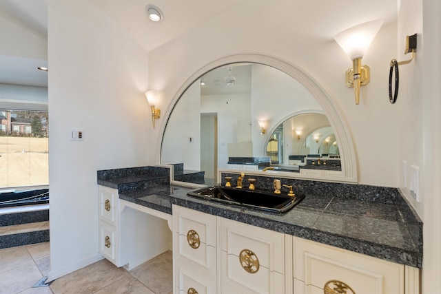 full bathroom featuring tile patterned flooring, vanity, and recessed lighting