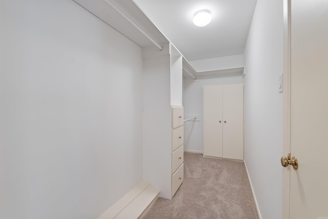 walk in closet with light colored carpet