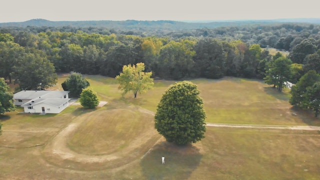 drone / aerial view featuring a wooded view and a rural view