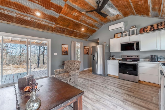 kitchen featuring stainless steel appliances, wooden ceiling, light countertops, and white cabinetry