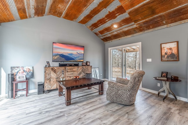 sitting room with light wood-style floors, lofted ceiling, wood ceiling, and baseboards