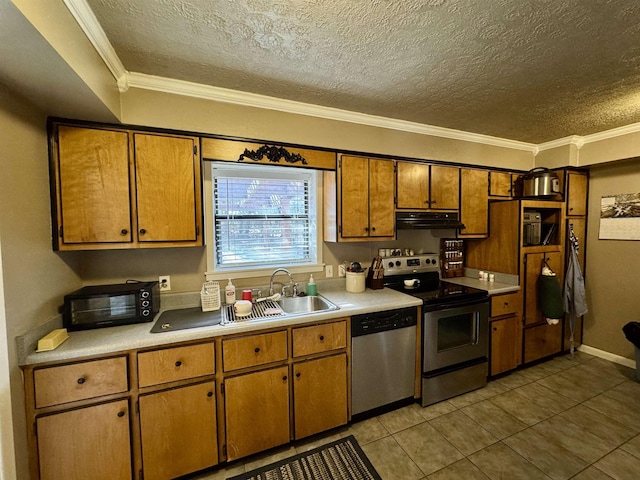 kitchen with appliances with stainless steel finishes, light countertops, ornamental molding, and ventilation hood