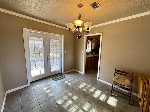 doorway to outside featuring french doors, visible vents, ornamental molding, a chandelier, and baseboards