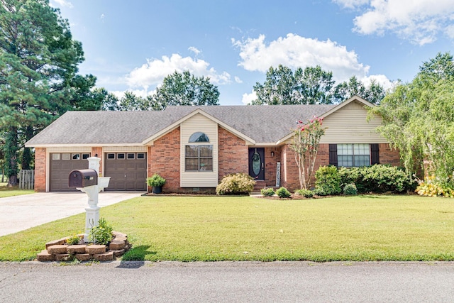 ranch-style house featuring an attached garage, a front lawn, concrete driveway, and brick siding