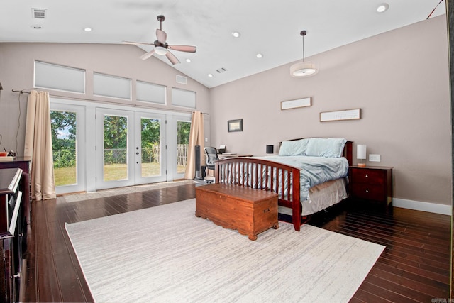 bedroom with french doors, dark wood finished floors, visible vents, access to outside, and baseboards