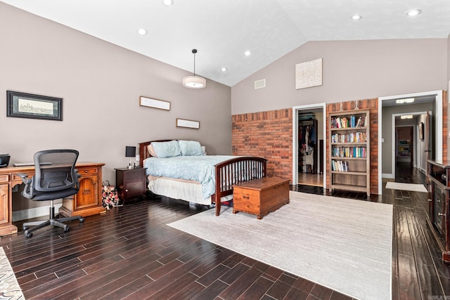 bedroom with dark wood-type flooring and high vaulted ceiling