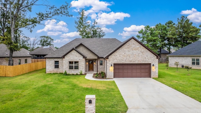 view of front facade featuring brick siding, an attached garage, fence, driveway, and a front lawn