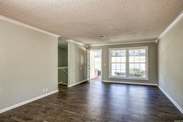 unfurnished room featuring crown molding, dark wood-type flooring, visible vents, and baseboards