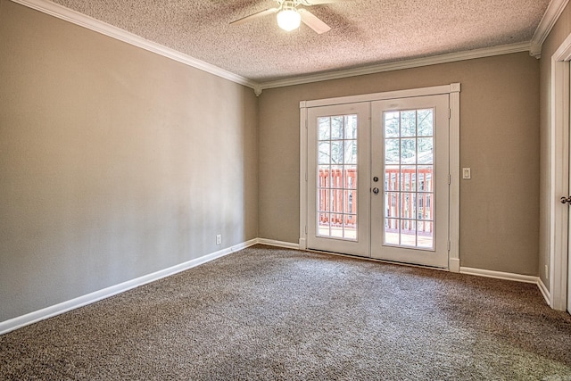 doorway featuring carpet, french doors, crown molding, and baseboards