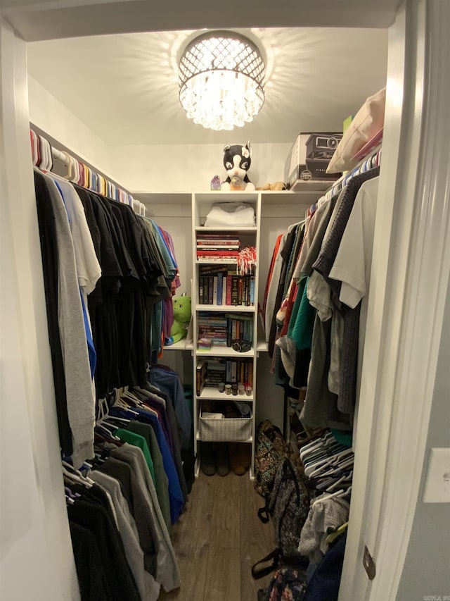 spacious closet with an inviting chandelier and wood finished floors