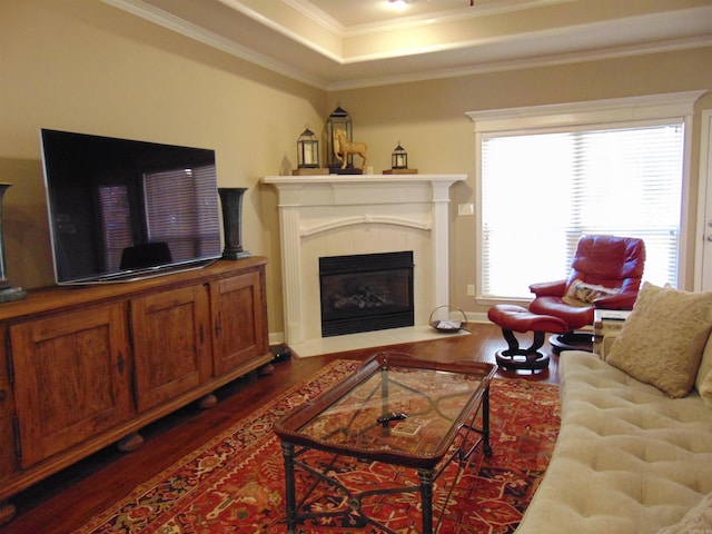 living area with a tile fireplace, a raised ceiling, crown molding, and wood finished floors