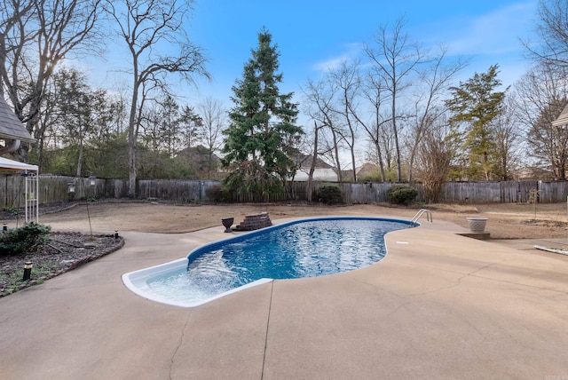 view of pool featuring a patio area, a fenced backyard, and a fenced in pool