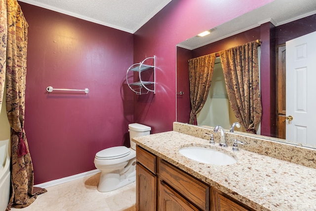 bathroom featuring crown molding, toilet, a textured ceiling, vanity, and baseboards