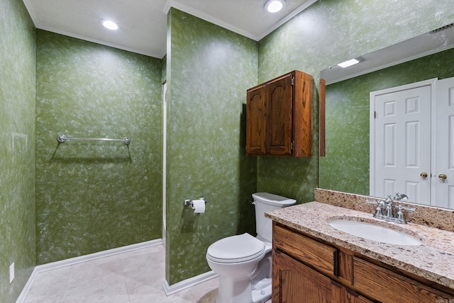 bathroom with crown molding, visible vents, toilet, vanity, and tile patterned floors